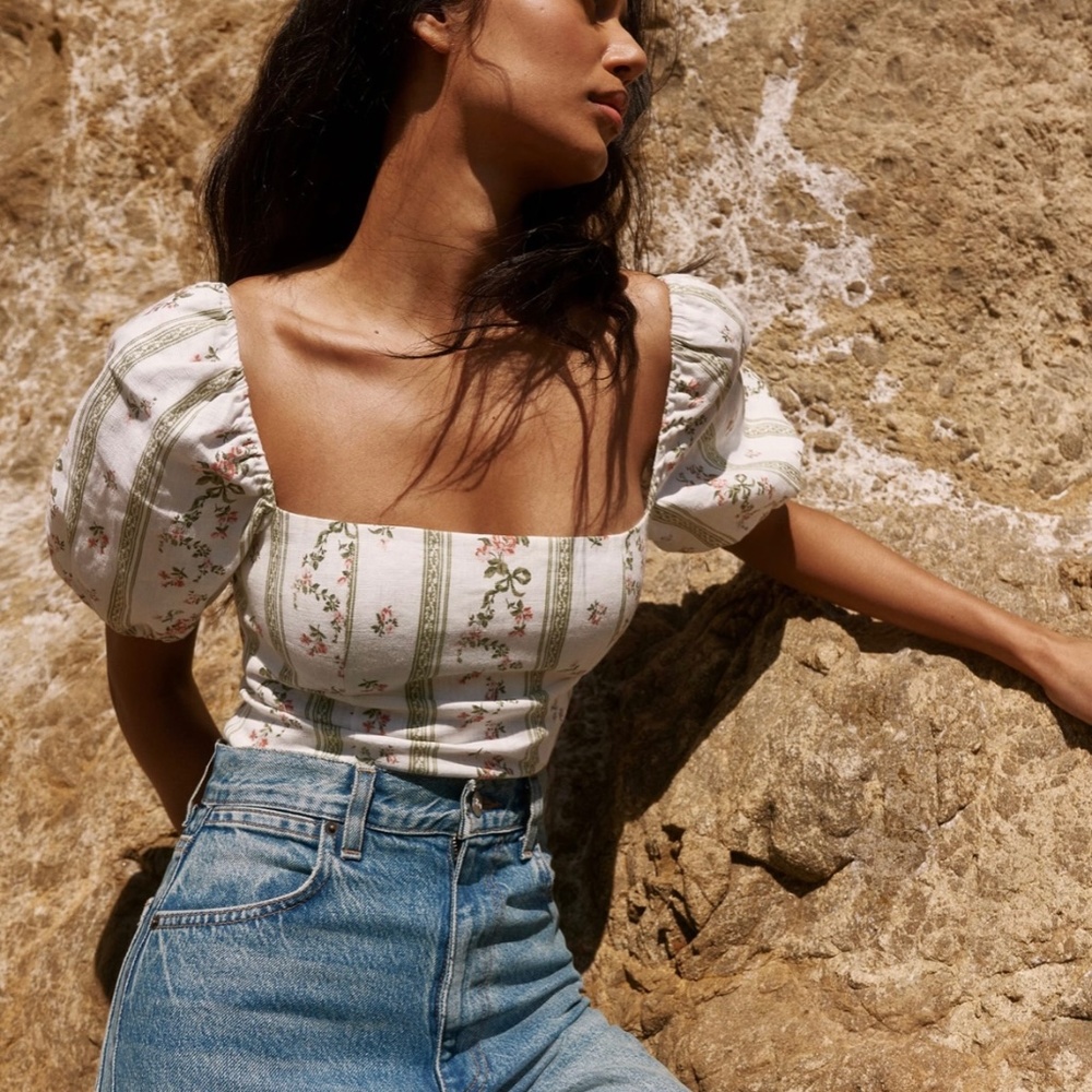 Reformation White Floral Square-Neck Puff Sleeve Top